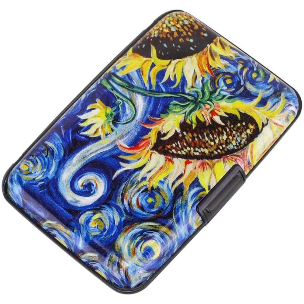 Men Women Sun flower Mini RFID Aluminum Wallet Business Card Case Metal ID Case